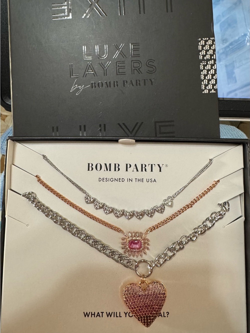 Women's Layered Necklace Set - Silver & Rose Gold Heart Pendant